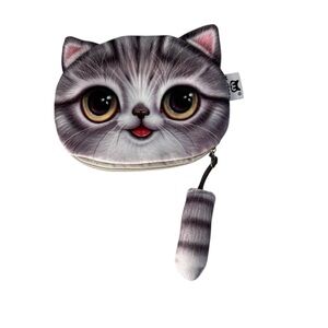 Adorable Gray Cat Face Coin Purse with Tail Zipper Pull
